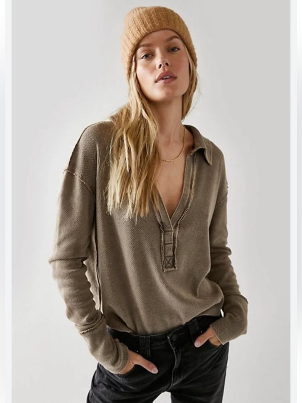 FREE PEOPLE Anakin Thermal Slouchy Henley Shirt Cobra Green Medium